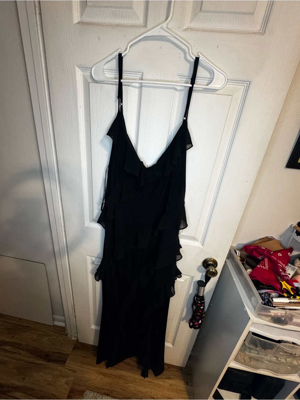 Arula by Altar’d State Black Ruffle Maxi Dress | Size B Plus Adjustable Strap